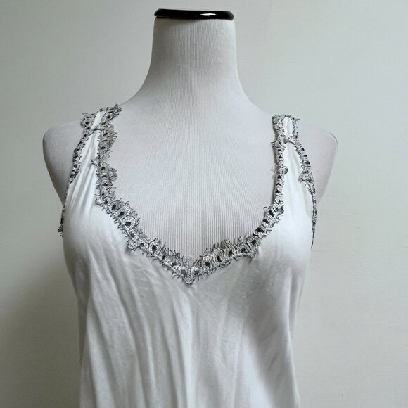 Oleg Cassini intimates white fine cotton slip gown M black eyelash lace - Picture 2 of 7